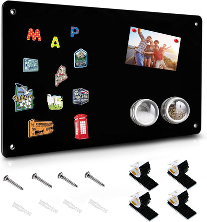 2Pack Black Magnetic Board,17.5" x 11.4" Magnet Bulletin Board to Display Magnetic Notes, Poetry, Photos, Suitable for Wall, Refrigerator, Cabinet etc, Come with 8 Pcs Dual Lock Tape and Screws