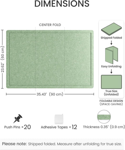 Fluxynara Bulletin Board, 23.6" x 17.5" Cork Board Alternative with 12 Safe Removable Adhesive Tabs, Foldable Felt Pin Board for Home Office, Classroom, Bedroom,Entryway for Walls—Sage