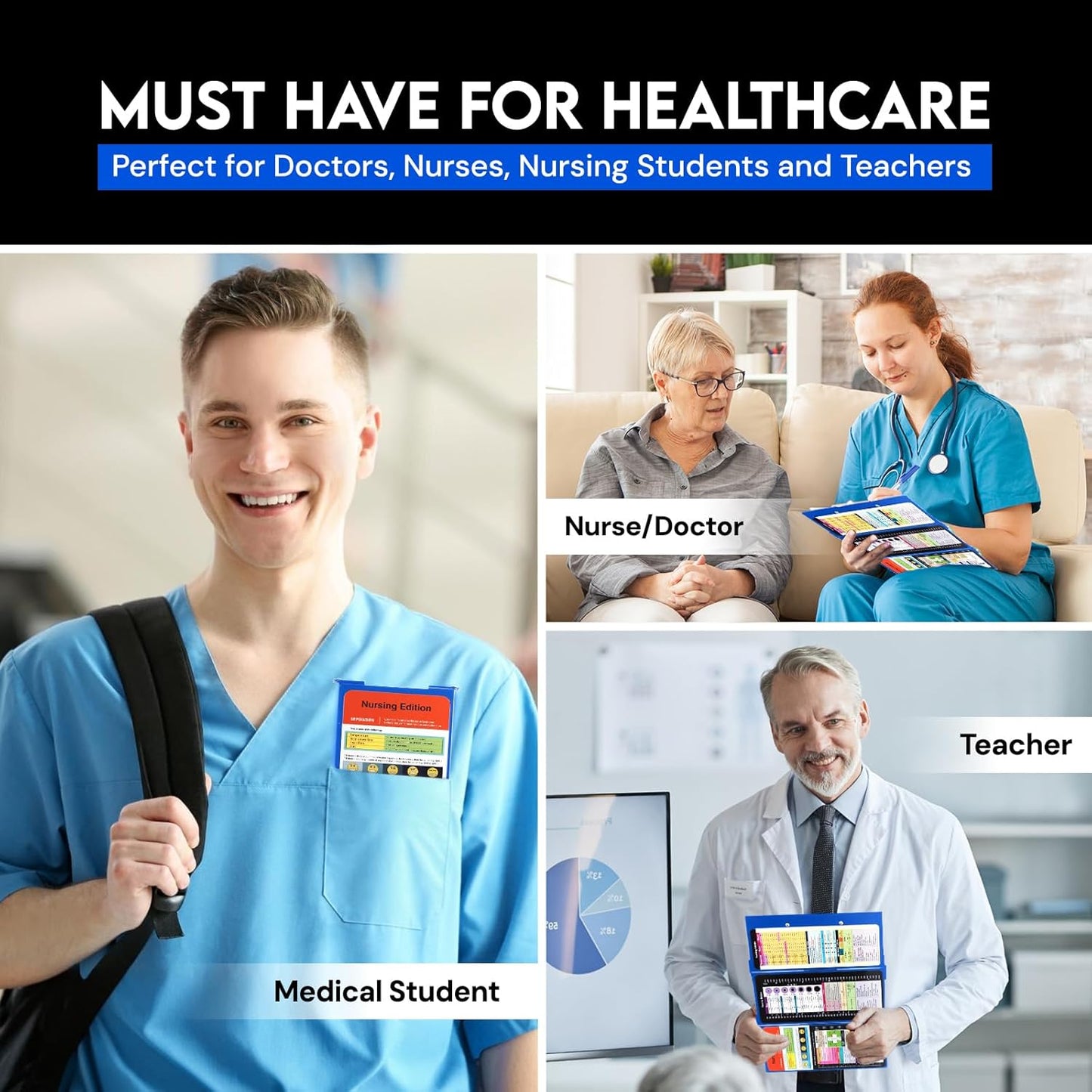 Nursing Clipboard Foldable with Medical Edition Cheat Sheets, 3 Layers Aluminum Foldable Clipboard for Nursing, Notepad for Students, Nursing School Essentials (Black)