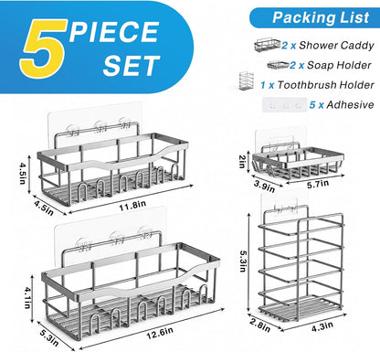 EUDELE Adhesive Shower Caddy, 5 Pack Rustproof Stainless Steel Bath Organizers With Large Capacity, No Drilling Shelves for Bathroom Storage & Home Decor