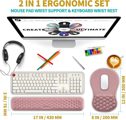 Hokafenle 2 in 1 Ergonomic Mouse Pad Wrist Support & Wrist Rest for Computer Keyboard Set, with Relieve Carpal Tunnel Pain Massage Bulge and Full Memory Gel Design (2In1 Set, Black)