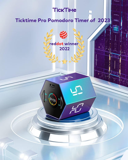 Ticktime Pomodoro Timer, Productivity Timer Cube, 3/5/10/15/25/30 Min Presets, Custom Countdown & Stopwatch 1s–99m59s, Sound/Vibration/Silent, Magnetic, Rechargeable, for ADHD Study Work, Gray