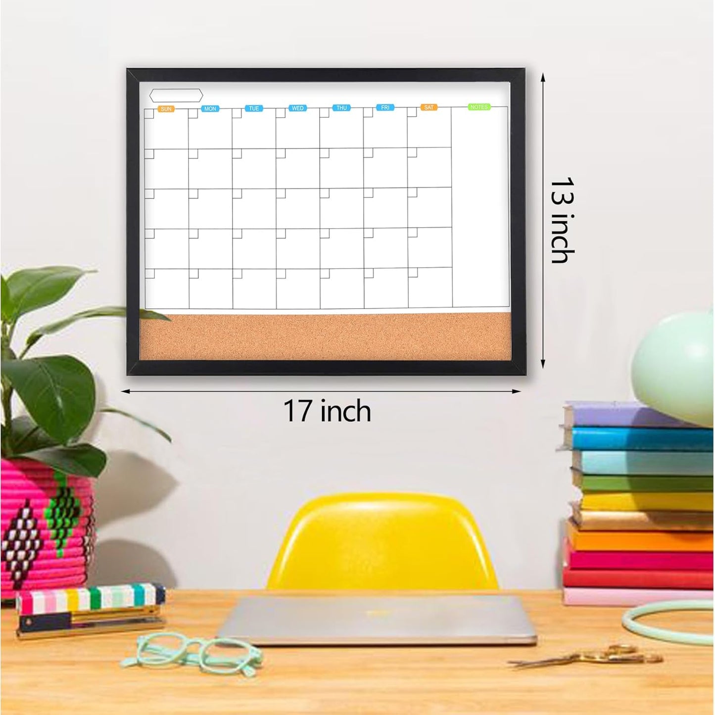 Monthly Whiteboard Calendar with Cork Board for Wall, 17"x13",Magnetic Dry Erase Board with White Wood Framed,2-1 Wall Planner Whiteboard,Bulletin Board with Pins for Home,School,Office