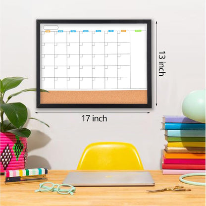 Monthly Whiteboard Calendar with Cork Board for Wall, 17"x13",Magnetic Dry Erase Board with White Wood Framed,2-1 Wall Planner Whiteboard,Bulletin Board with Pins for Home,School,Office