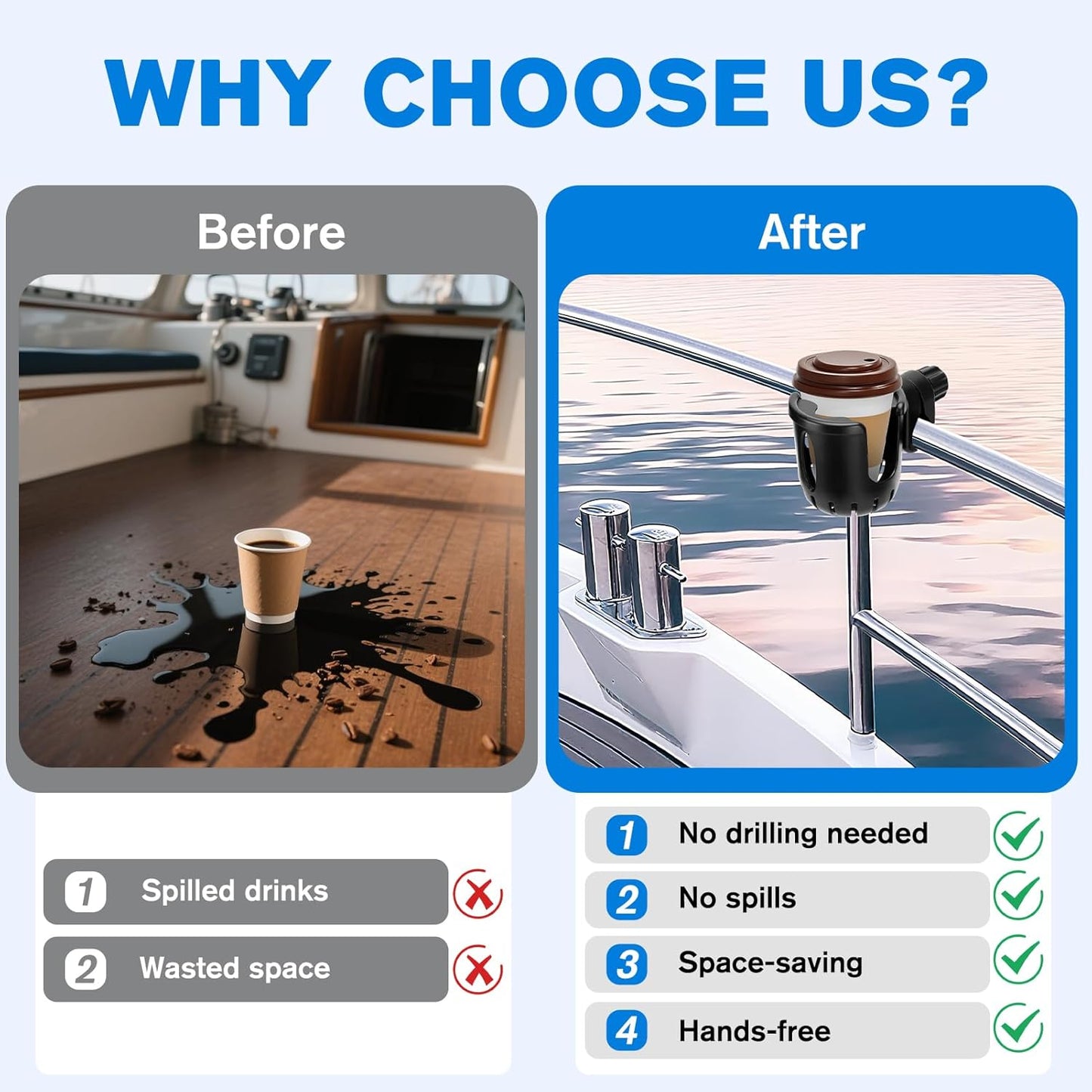 2PCS Marine Boat Cup Holder, Clamp-On Universal Boat Accessories for Drinks, No-Drill Install on Bimini Top Rail or Pole, Grab Bars (Fits Fishing Boat, Pontoon, PWC, Jet Ski, Sea-Doo)