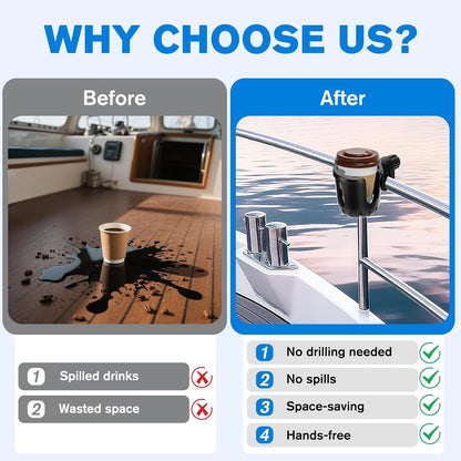 2PCS Marine Boat Cup Holder, Clamp-On Universal Boat Accessories for Drinks, No-Drill Install on Bimini Top Rail or Pole, Grab Bars (Fits Fishing Boat, Pontoon, PWC, Jet Ski, Sea-Doo)