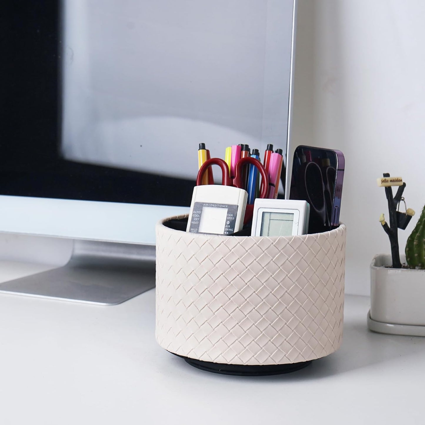 Round Leather Art Supply Organizer,Remote Control Holder,360 Degree Rotating,Multi-Functional Pencil Holder,4 Compartments Desktop Stationary Organizer(1-Fractal Flower) | Round - Colors B