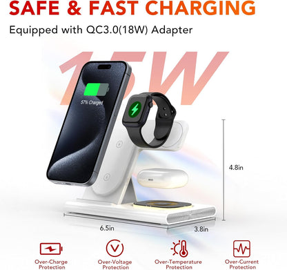 3 in 1 Foldable Charging Station for Apple Products,Wireless Charger for iPhone 17 16 15 14 13 12 Pro Max,Travel Dock Adapter&Light for iWatch Series 11 10 9 Ultra 3/2 SE 3/2,for AirPods 4 3 2 Pro 3/2