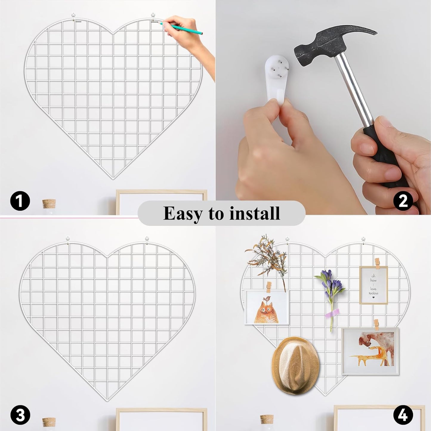 ECLENYES Grid Photo Wall Panels - 22.4"x20.4" Heart Shape Iron Rack Art Wire Board, Wall Grid Organizer, DIY Photo Frame for Home, Office, Kitchen, Bedroom, Christmas Gifts - Pink