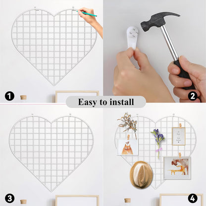 ECLENYES Grid Photo Wall Panels - 22.4"x20.4" Heart Shape Iron Rack Art Wire Board, Wall Grid Organizer, DIY Photo Frame for Home, Office, Kitchen, Bedroom, Christmas Gifts - Pink