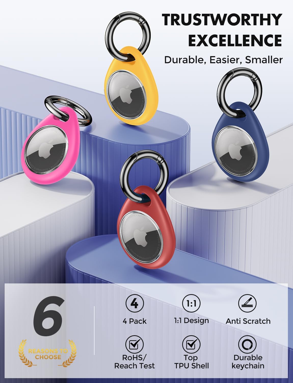 UNBREAKcable AirTag Holder for Apple - 4 Pack Air Tag Case [Fit Tightly Design] [Easy to Install] [Hold Securely] Waterproof TPU Protective Cover with Metal Keychain for Kids,Pet,Luggage,Backpack,Keys