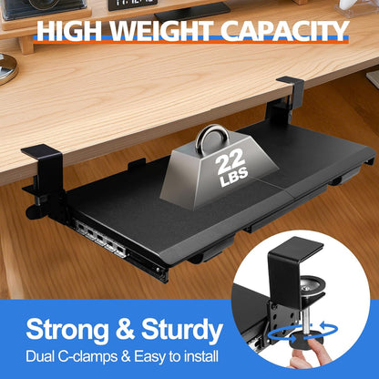 Large Height Adjustable Keyboard Tray with Sturdy C-Clamp Mount and Storage Drawer, 27"(31"Including Clamps) x 12" Slide Out Ergonomic Keyboard Trays for Home and Office, Black