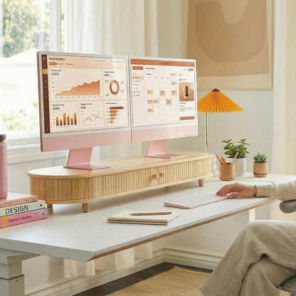 Bamboo Monitor Stand with Storage, Curved Computer Laptop Stand Desk Shelf Organizer with Sliding Doors (25 inch)