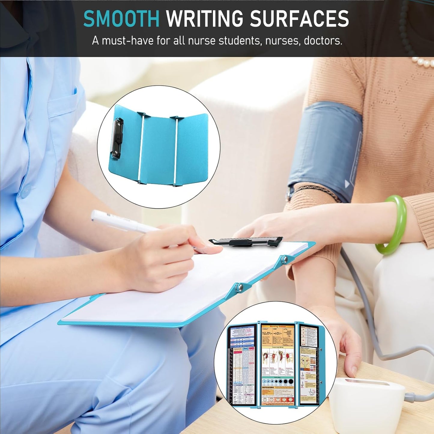 Nursing Clipboard Foldable, Foldable Clipboard w/Nursing Edition Cheat Charts,3 Layers Aluminum, Nurse Clip Board w/Low Profile Clip&Pen Clip Pocket for Nurses and Doctors,Light Blue