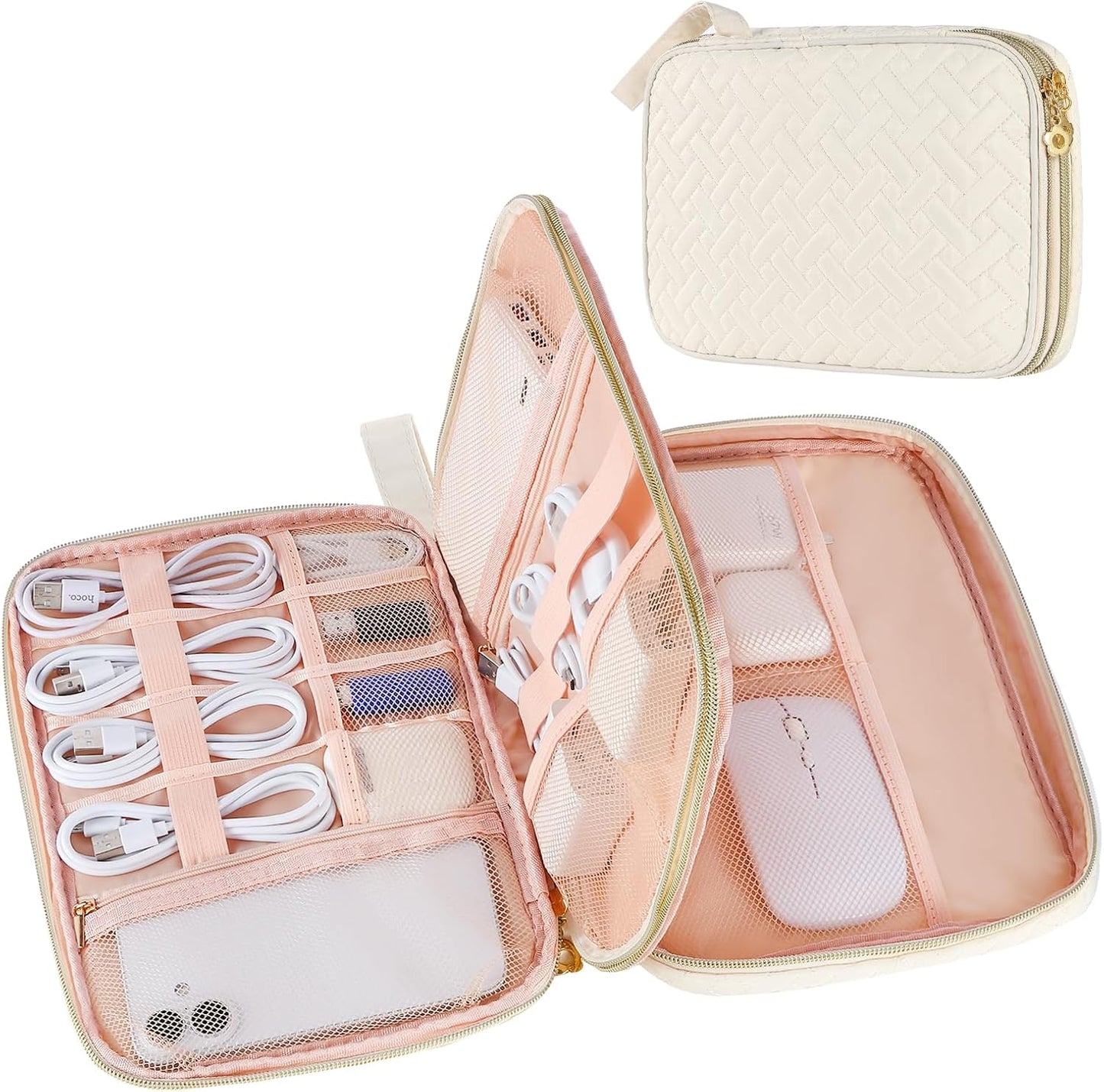 Electronics Organizer Travel Case, Charger Bag Cord Organizer Travel, Compact Tech Pouch Cable Organizer Bag for Charger, Cords, Phone, Headphones, Flash Drive, SD Card (Pink, Small-Double Layer)