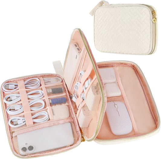 Electronics Organizer Travel Case, Charger Bag Cord Organizer Travel, Compact Tech Pouch Cable Organizer Bag for Charger, Cords, Phone, Headphones, Flash Drive, SD Card (Pink, Small-Double Layer)