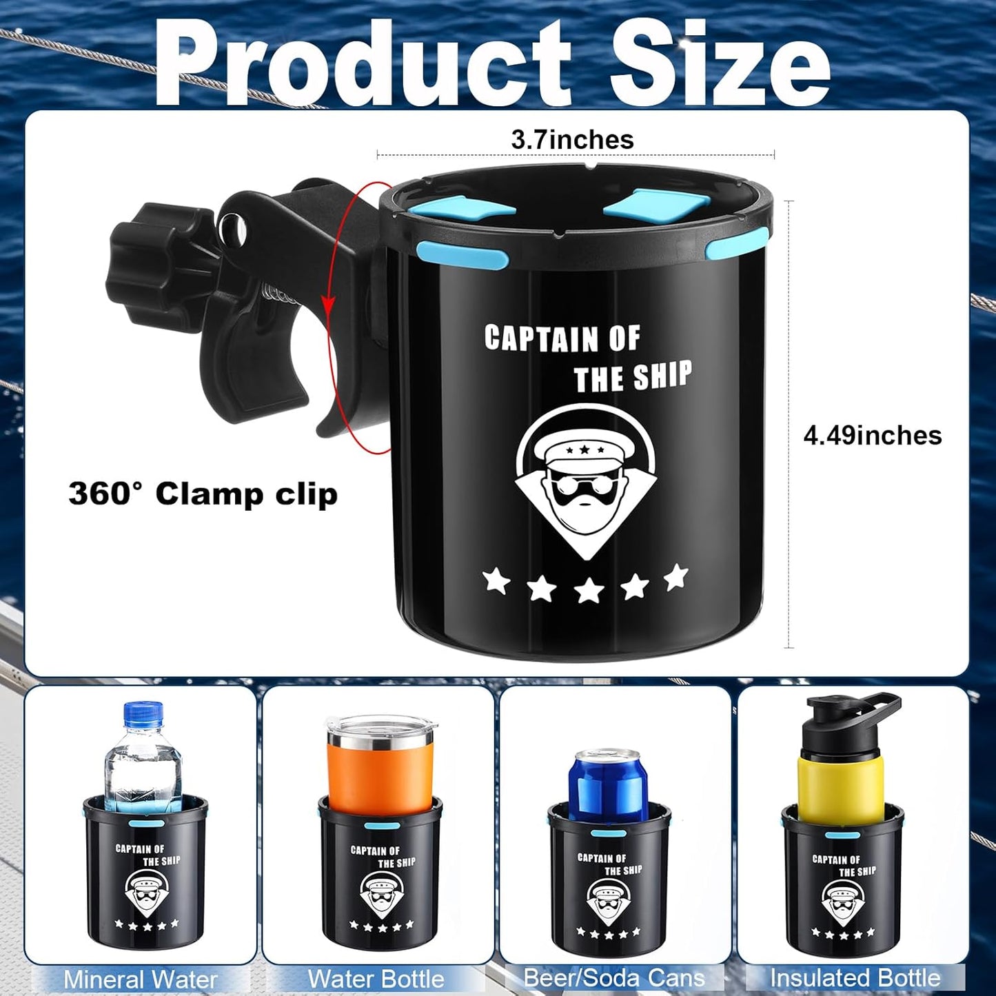 Teenyyou Marine Boat Rail Cup Holder No Drilling Drink Holder Clamp on Kayak Cup Holders Boat Accessories Gifts Install on Pole Grip Rail Grab Bar for Men