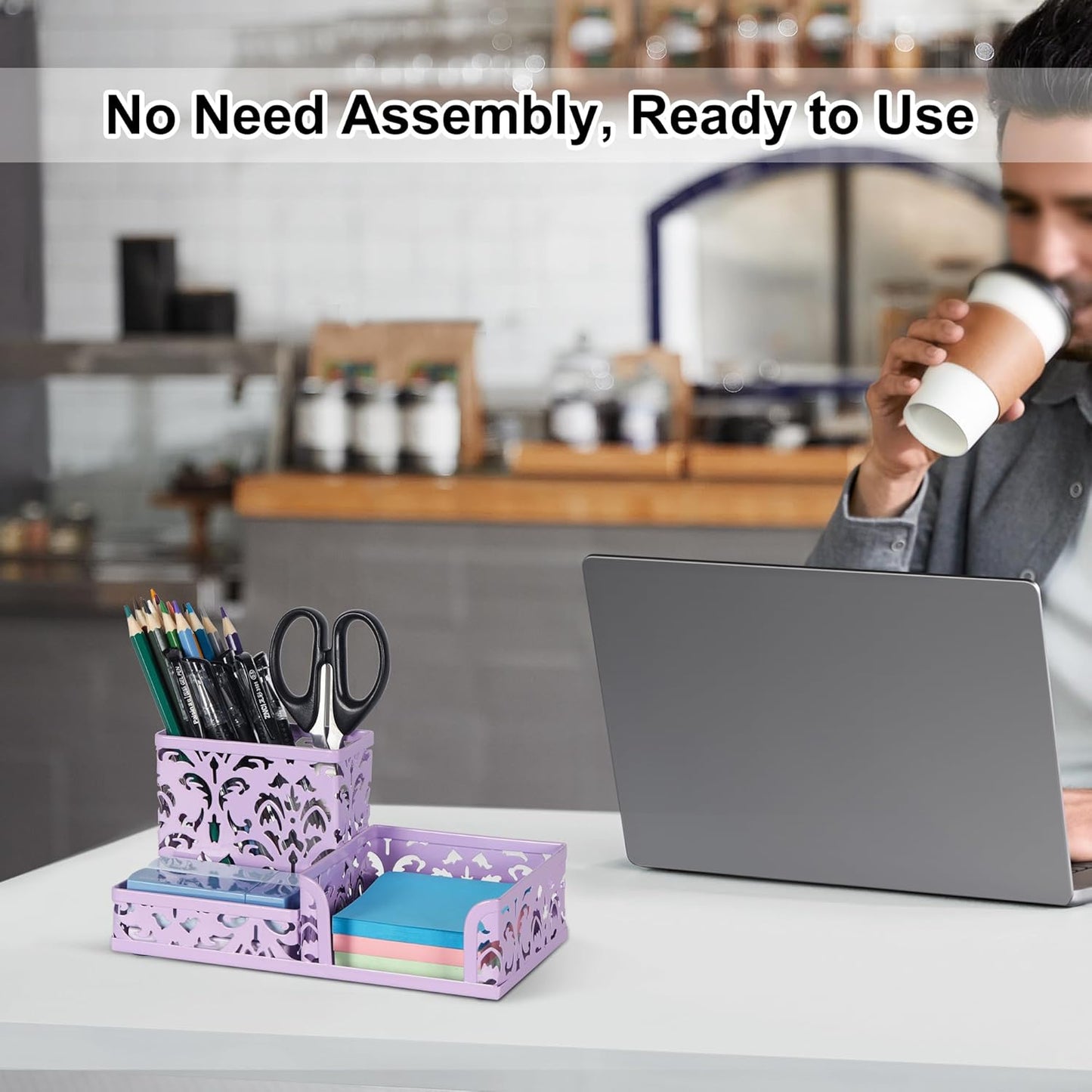 EasyPAG Desk Organizer with 3 Compartment for Pencil Sticky Note Holder and Office Accessories,White