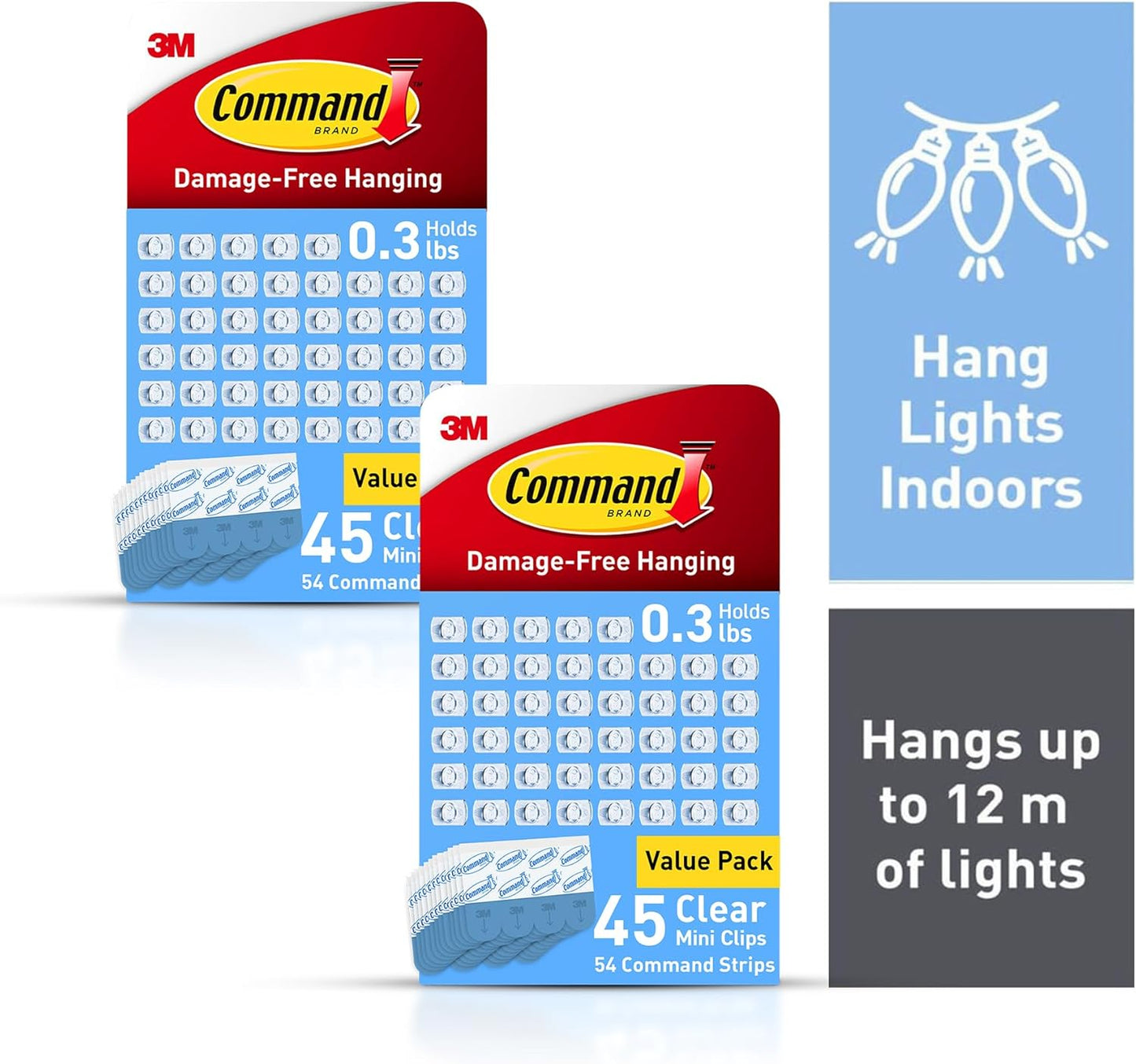 Command Clear Indoor Mini Light Clips Value Pack, 45 Clips, 54 Strips, Damage-Free String Light Hangers for Home, Room, Wall, Office, and Dorm Decor, Great for Cable Management, Holds up to 0.3 lb