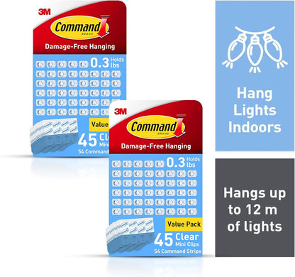 Command Clear Indoor Mini Light Clips Value Pack, 45 Clips, 54 Strips, Damage-Free String Light Hangers for Home, Room, Wall, Office, and Dorm Decor, Great for Cable Management, Holds up to 0.3 lb