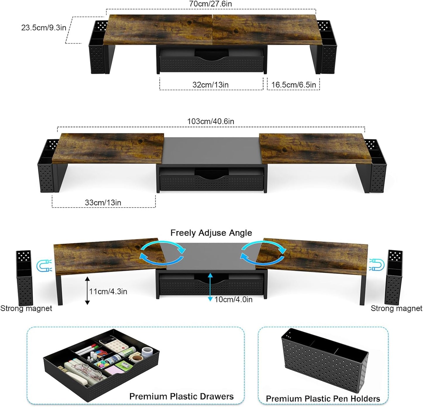 Spacrea Metal Desk Organizers and Accessories, Dual Monitor Stand Riser with Drawer and 2 Pen Holders, Desk Accessories & Workspace Desktop Organizers for Office Supplies (Wood)