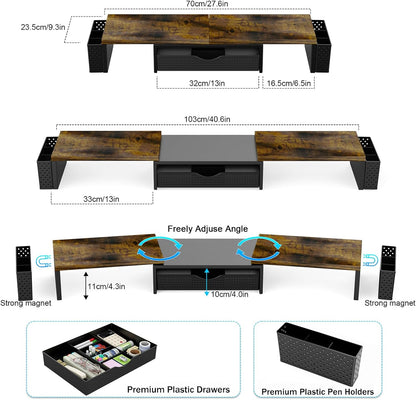 Spacrea Metal Desk Organizers and Accessories, Dual Monitor Stand Riser with Drawer and 2 Pen Holders, Desk Accessories & Workspace Desktop Organizers for Office Supplies (Wood)