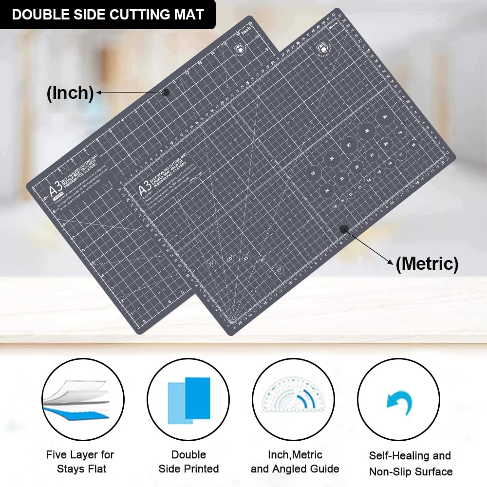 HEADLEY TOOLS 18" x 24" Thickened Self Healing Cutting Mat, A2 Rotary Cutting Sewing Mat for Crafts, Double Sided 5-Ply Table Cutting Board for Fabric Quilting Leather Arts Hobby Project, Grey/Black