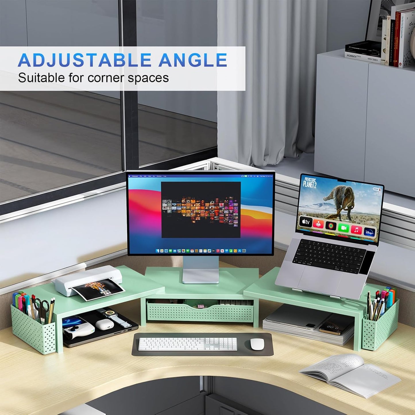 gianotter Dual Monitor Stand Riser, Desk Organizer With Drawer and 2 Pen Holders,Computer Monitor Stand, Desk Shelf for Top of Desk, Wood