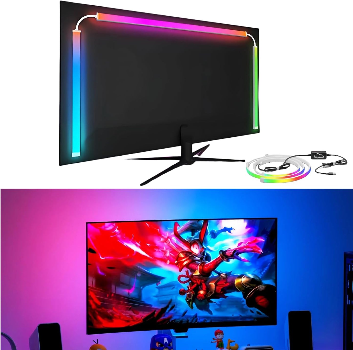 RGB Monitor Backlight with Screen Sync for 32 Inch Screens, Dual USB Powered LED Ambient Lighting Kit, Music Rhythm & Dynamic Modes, Immersive Bias Lighting for Home Office Gaming (4 Sides - 32 inch)