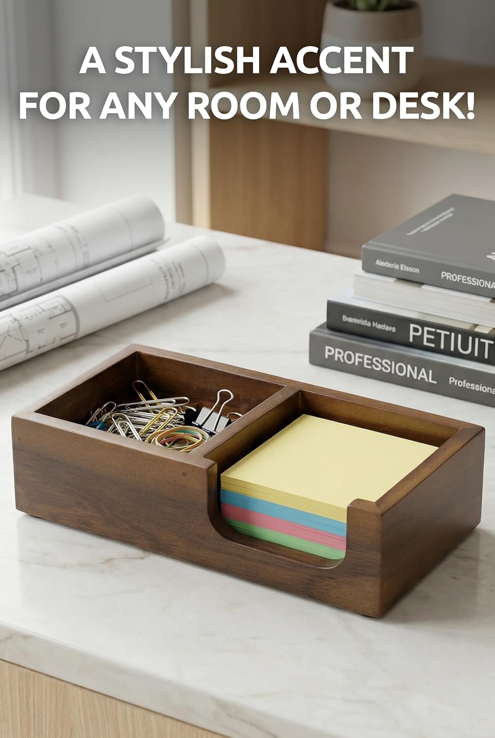 Demigo Wooden Sticky Note Holder for Desk – Solid Acacia Wood Organizer for 3x3 Note Pads, Paper Clips, Office Supplies – Compact Memo Pad Holder for Home Office, Teachers
