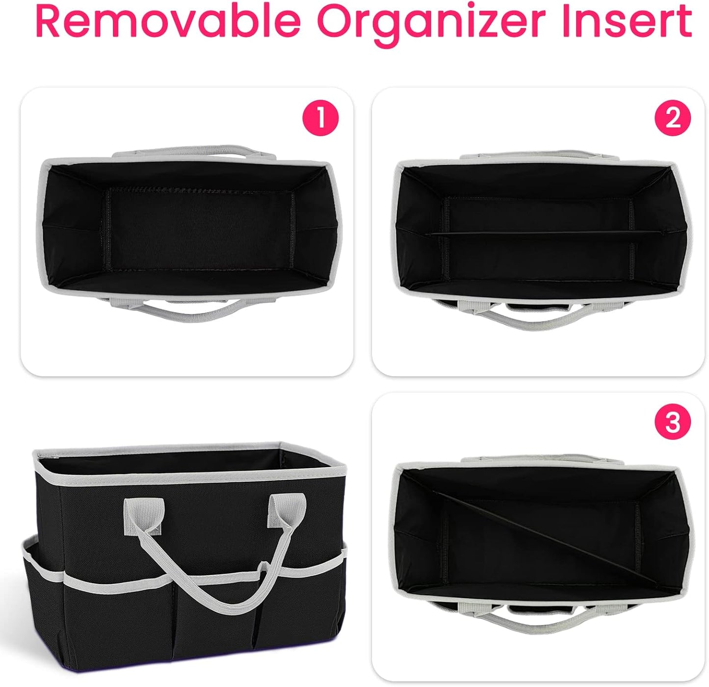 Desktop Tote and Stock Organizer, Teacher Helper Tote Bag Organization for Arts, Books, Stationery, Office Desk Organizer, Make-up Storage Tote with Handles for Travel, Black-Gray