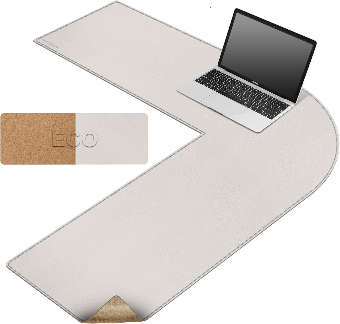 MAIDERN (40”+ 40”) x 13” L Shaped Corner Desk Mat, Cork & Leather Dual Sided Desk Pad for Gaming Computer Office Home (Cream)