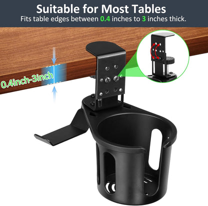 MYITYARD Desk Cup Holder Clamp, Anti-Spill Clip On Table Cup Holder, Rotatable Water Bottle Stand Drink Coffee Mug Storage, Office Accessories for Home and School (Black)
