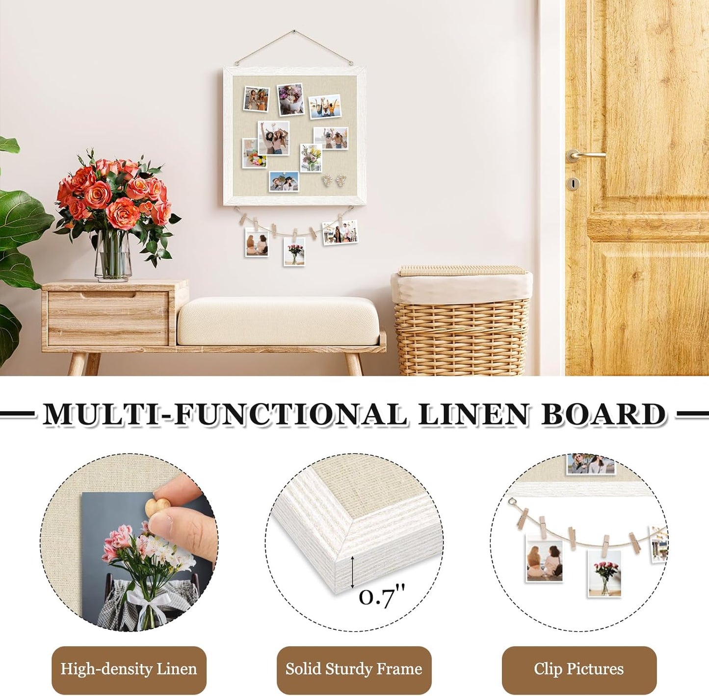 DOLLAR BOSS Bulletin Boards with Linen 1-Pack 16''X 12'' Double-Sided Cork Board for Walls Wood Framed Bulletin Boards, Small Pin Board for Home Kitchen Office Decorative Hanging 10 Pushpins