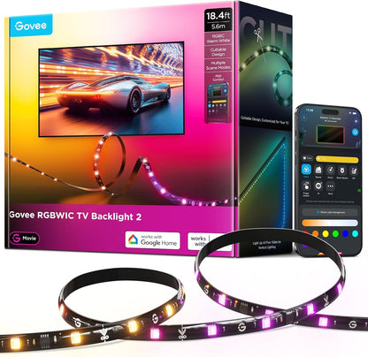 Govee TV LED Backlight 2, 14.4ft Cuttable TV Lights for 32-70 Inch TVs, Color Changing RGBWIC LED Strips Lights with 210+ Scene Modes & Music Sync, Smart APP and Voice Control, Easy Install