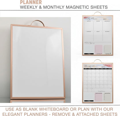 Magnetic Dry Erase Board 12x16 with Foldable Stand, Portable Gold Desktop Whiteboard for Home, Office, School & Kitchen, Includes Weekly & Monthly Magnetic Planner Sheets