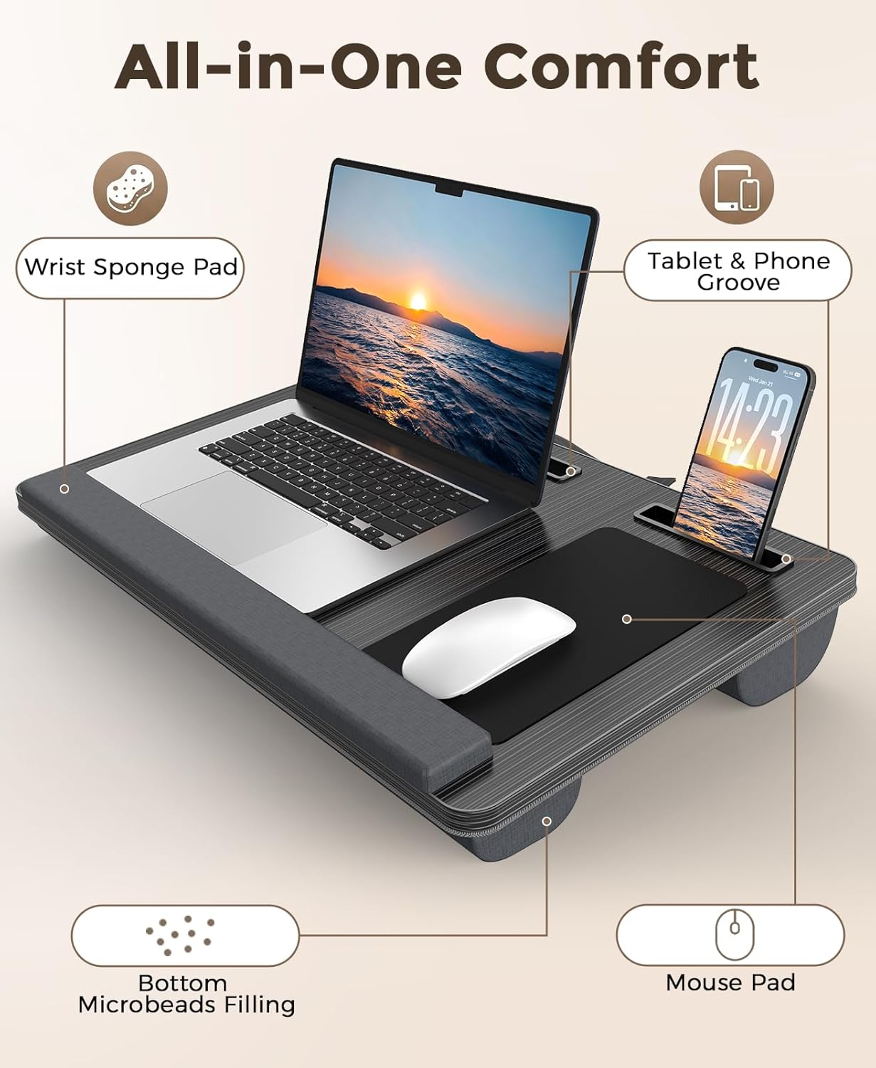 HETTHI Lap Desk with Cushion, Large Laptop Besk Bed, Up to 17" Laptop Tray for Bed with Wrist Rest, 2 Self-Adhesive Mouse Pads, Portable Handle, Tablet Phone Slot (Black)