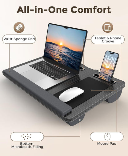 HETTHI Lap Desk with Cushion, Large Laptop Besk Bed, Up to 17" Laptop Tray for Bed with Wrist Rest, 2 Self-Adhesive Mouse Pads, Portable Handle, Tablet Phone Slot (Black)