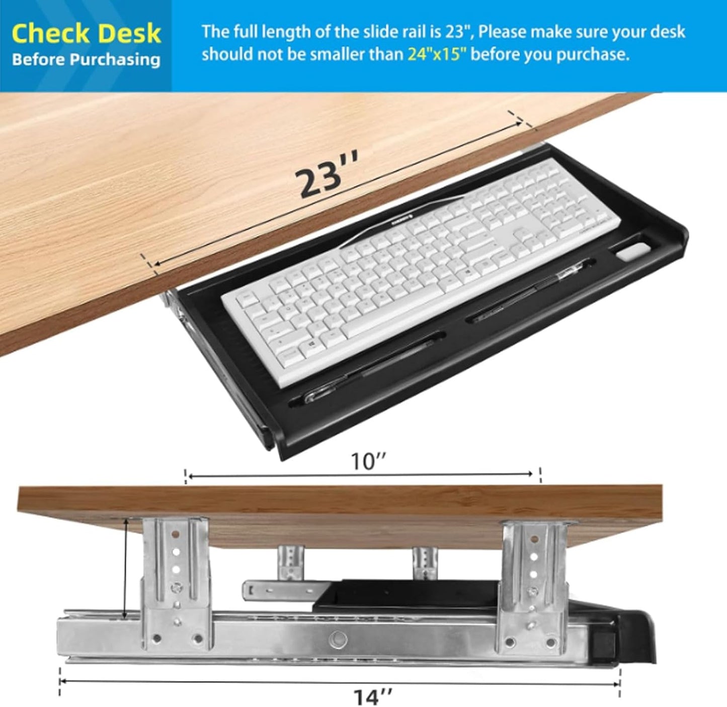 TOOCUST Under Desk Keyboard Tray, 20" Wx11"D Sturdy Key Board Tray Under Desk Slide with Pen Tray, Desk Extender with Pen Holder,Black