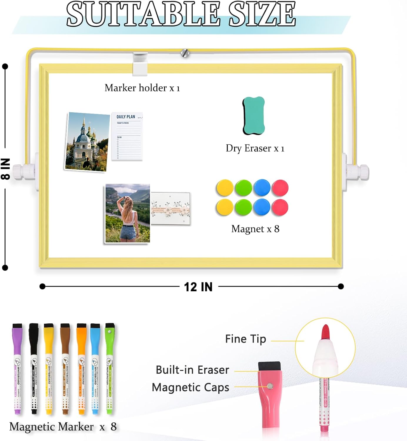 Dry Erase Magnetic White Board, 16" x 12" Double-Sided Desktop Whiteboard with Stand, Portable Small Whiteboard Set for Drawing, Office, Home