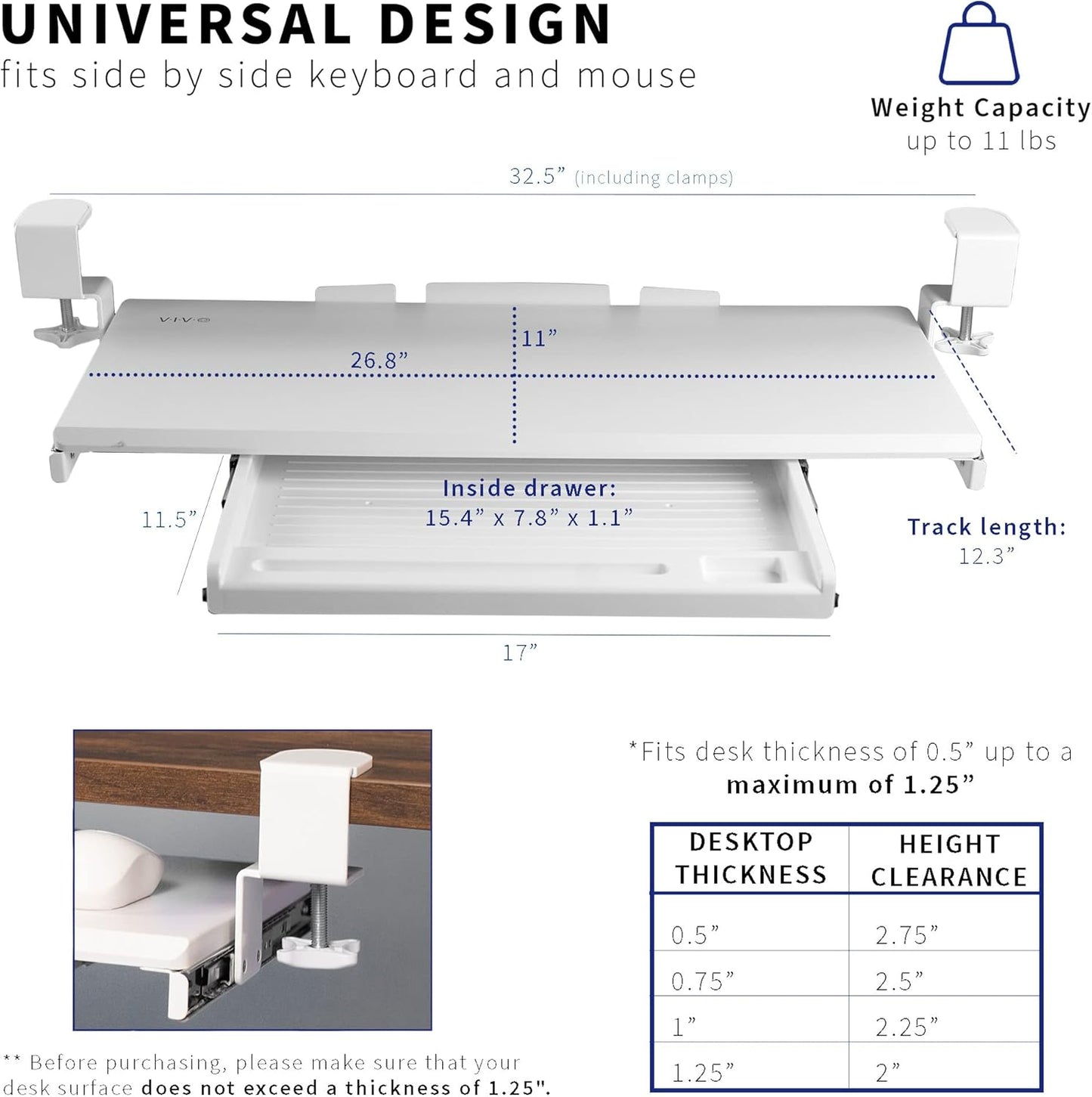 VIVO Large Keyboard Tray Under Desk Pull Out Platform with Pencil Drawer, Extra Sturdy C Clamp Mount, 27 (33 Including Clamps) x 11 inch Slide-Out Tray with Storage Drawer, Black, MOUNT-KB05-4D