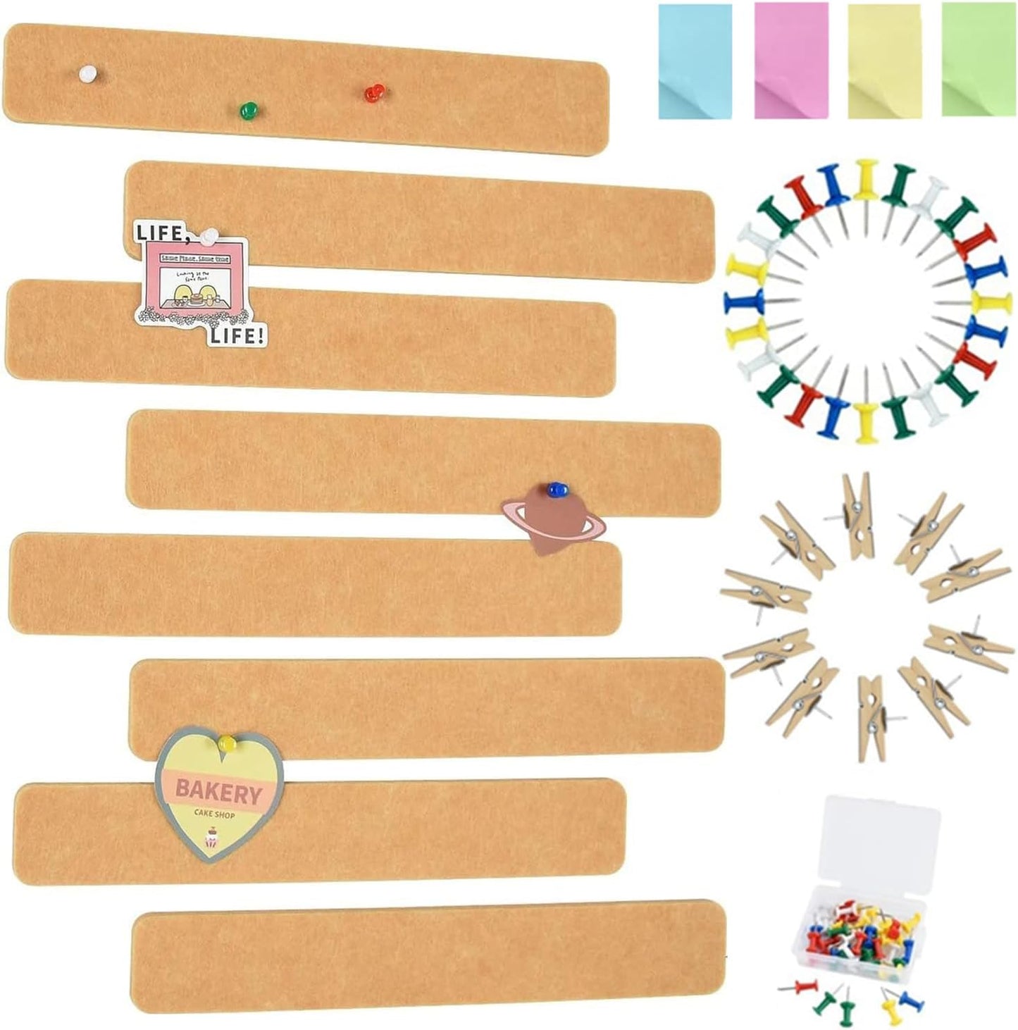 Vuzvuv 8 pcs Bulletin Board Bar Strips with 50 Pushpins & 10 Wooden Clip pins，Self Adhesive Cork Board for Wall，Felt Pin Board for School，Office Decor（Black White Grey）