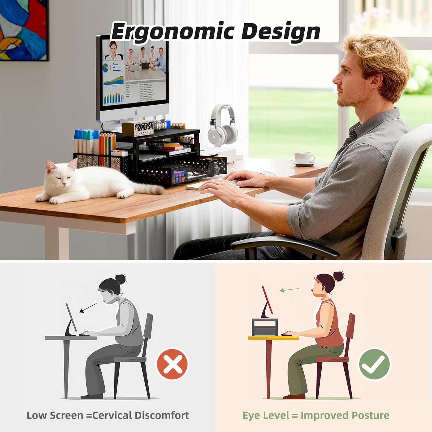 Simple Trending Desk Organizer and Accessories, 2 Tier Computer Metal Monitor Stand Riser with Drawer and Pen Holder for Laptop, Computer, iMac, Black