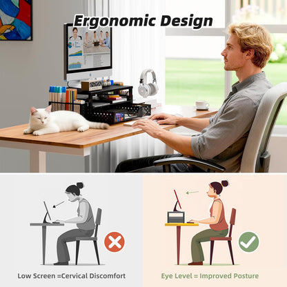 Simple Trending Desk Organizer and Accessories, 2 Tier Computer Metal Monitor Stand Riser with Drawer and Pen Holder for Laptop, Computer, iMac, Black