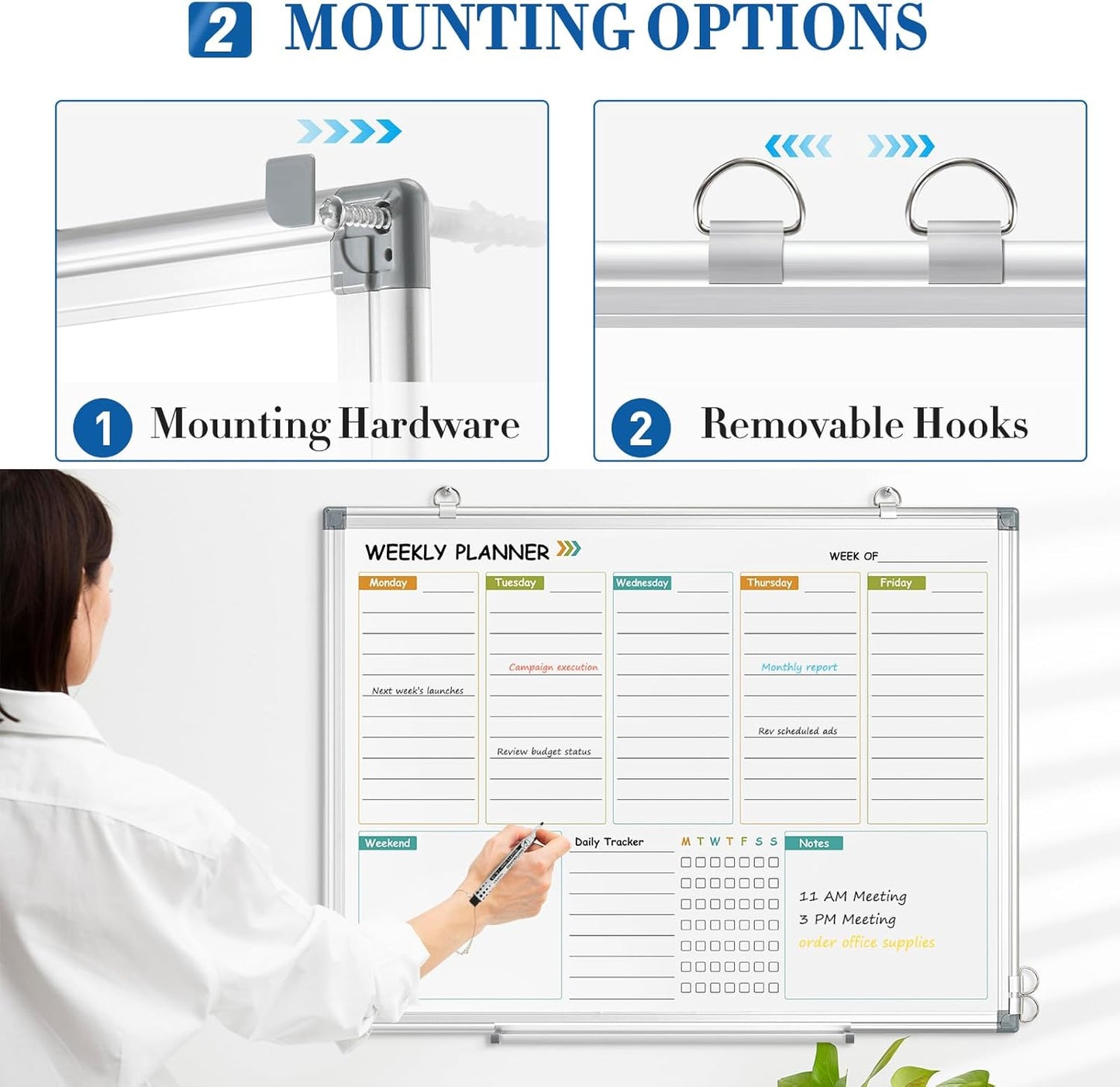 WALGLASS Weekly Dry Erase Calendar Whiteboard for Wall, 24" x 18" Double-Sided Weekly Planner White Board with Notes, Daily Tracker, Aluminum Framed Hanging & Wall Mount for Home, Office, School