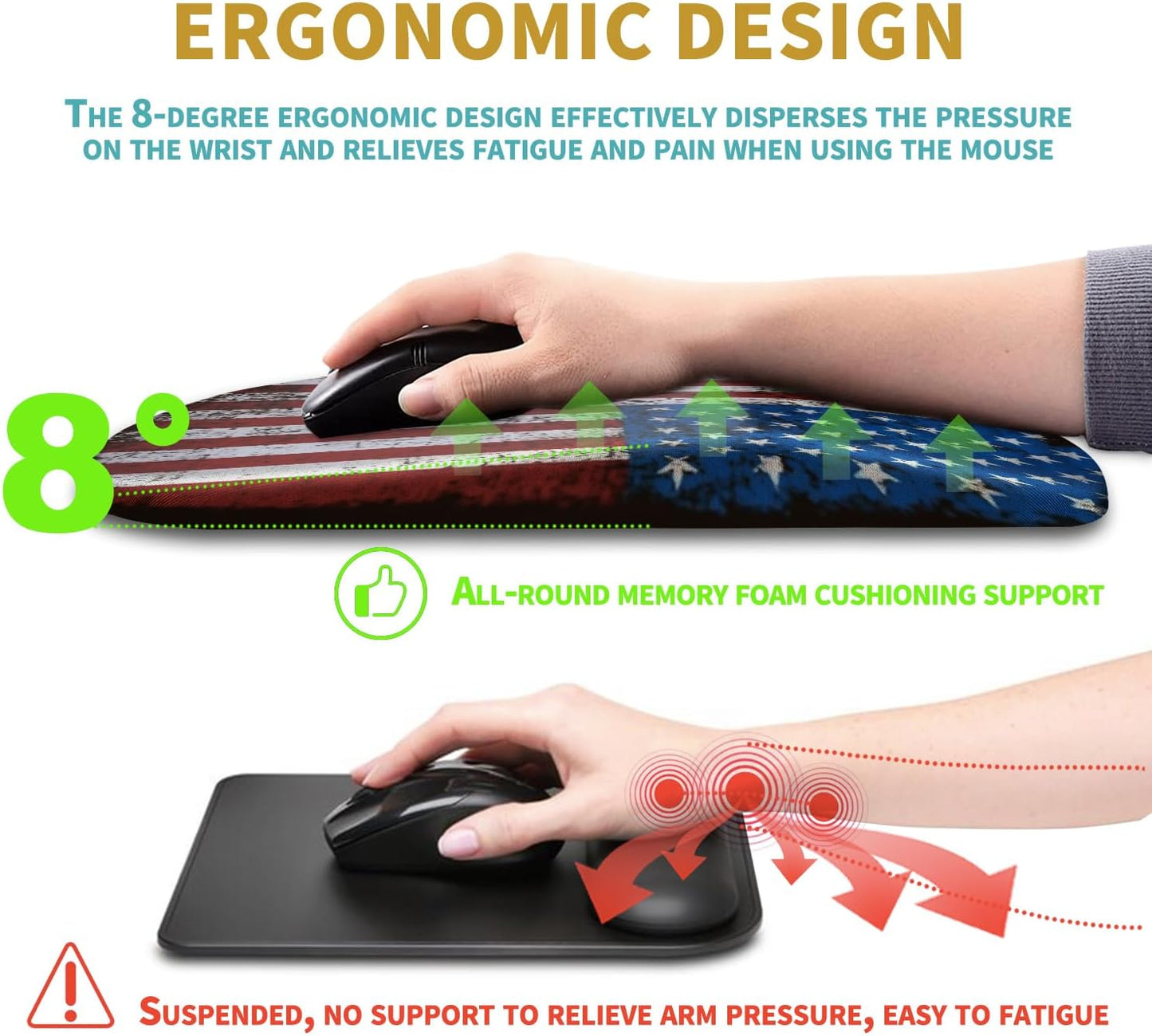 Hokafenle Ergonomic Mouse Pad Wrist Support with Massage Design, Wrist Rest Pain Relief Mousepad with Memory Foam&Non-Slip PU Base, Mouse Pads for Wireless Mouse & Desk (12x8 inch,Black)