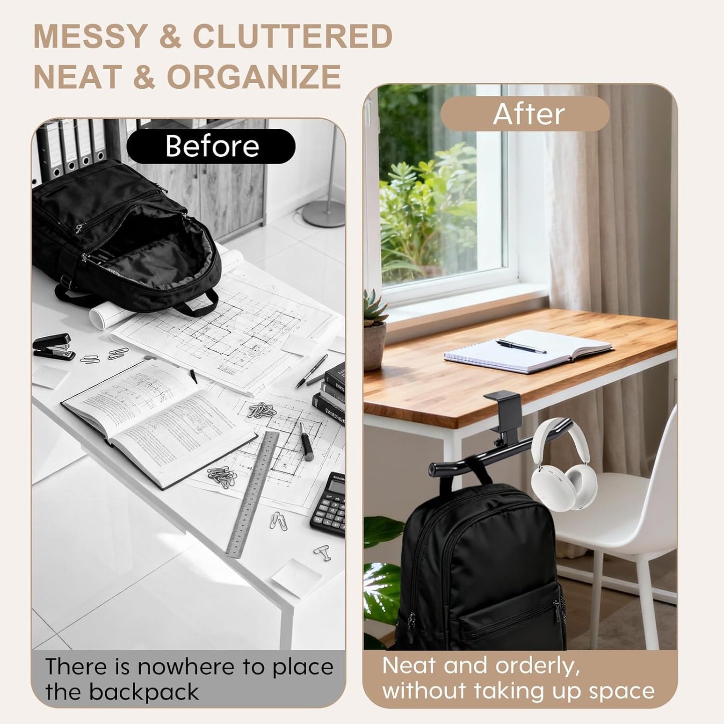 Zebrabox 2 Packs Heavy-Duty Backpack Hanger for Desk & Table,T-Shape Backpack Holder, Sturdy Space-Saving Organizer, Adjustable Desk Hook for Bag with 80lb Capacity, College Dorm & Library