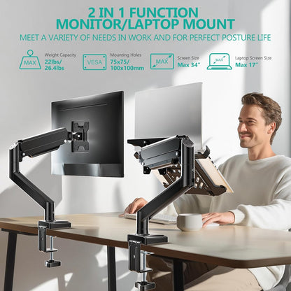 WALI Laptop Desk Mount for 17 inch Notebook, Adjustable Single Monitor Arm with Laptop Holder for 32 inch Screen, Laptops Stand with Ventilated Tray, Up to 22 lbs, (M00LP), Black