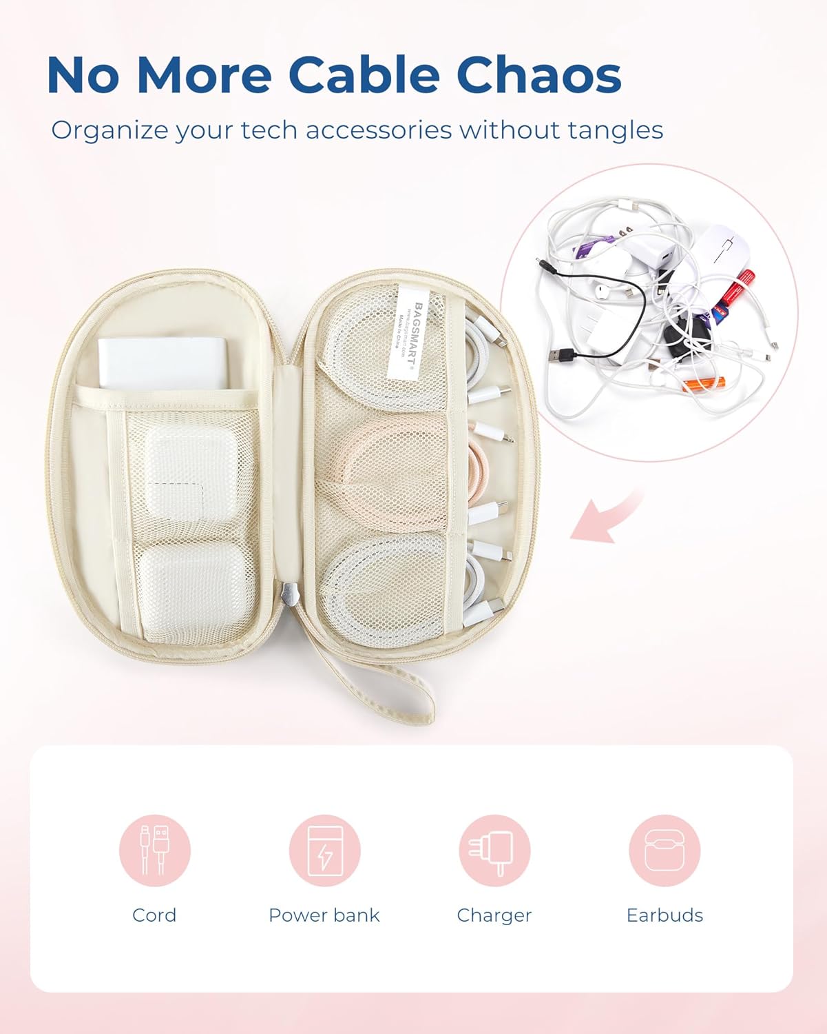 BAGSMART Electronics Organizer Travel Case, Cord Organizer for Women, Travel Cable Bag (Beige)