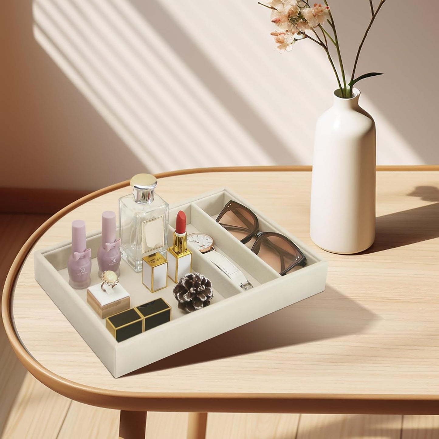 Bedside Organizer - Multi-use Holder for Desk Drawer, Nightstand, Desktop - Catchall Tray for Jewelry, Sunglasses, Phone, Watch, Perfume, Lipstick (Beige 5Grid)